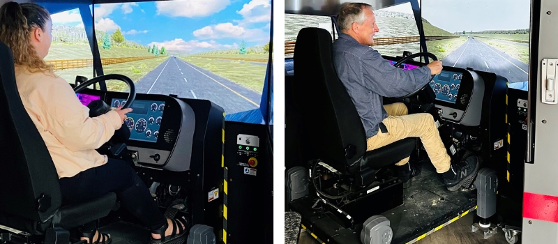 Two test drivers trying out the AutoSense heavy vehicle simulator